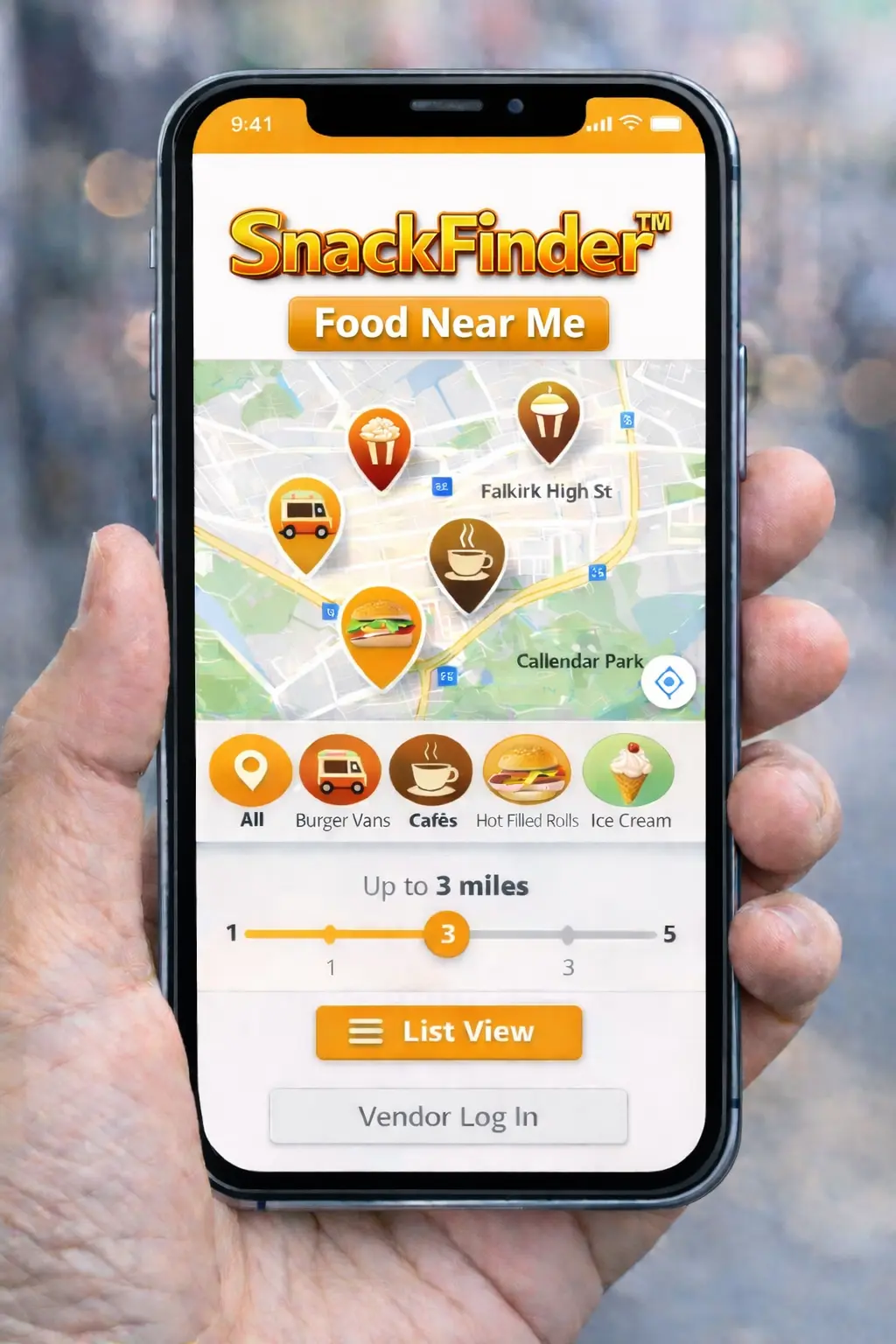 A hand holding a phone running the SnackFinder™ app, showing a live map of open food vendors in Falkirk.