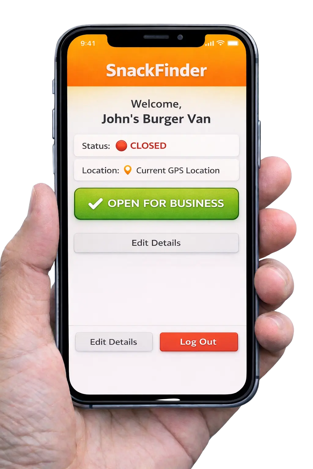 SnackFinder™ vendor app showing an Open for Business toggle and live GPS location.